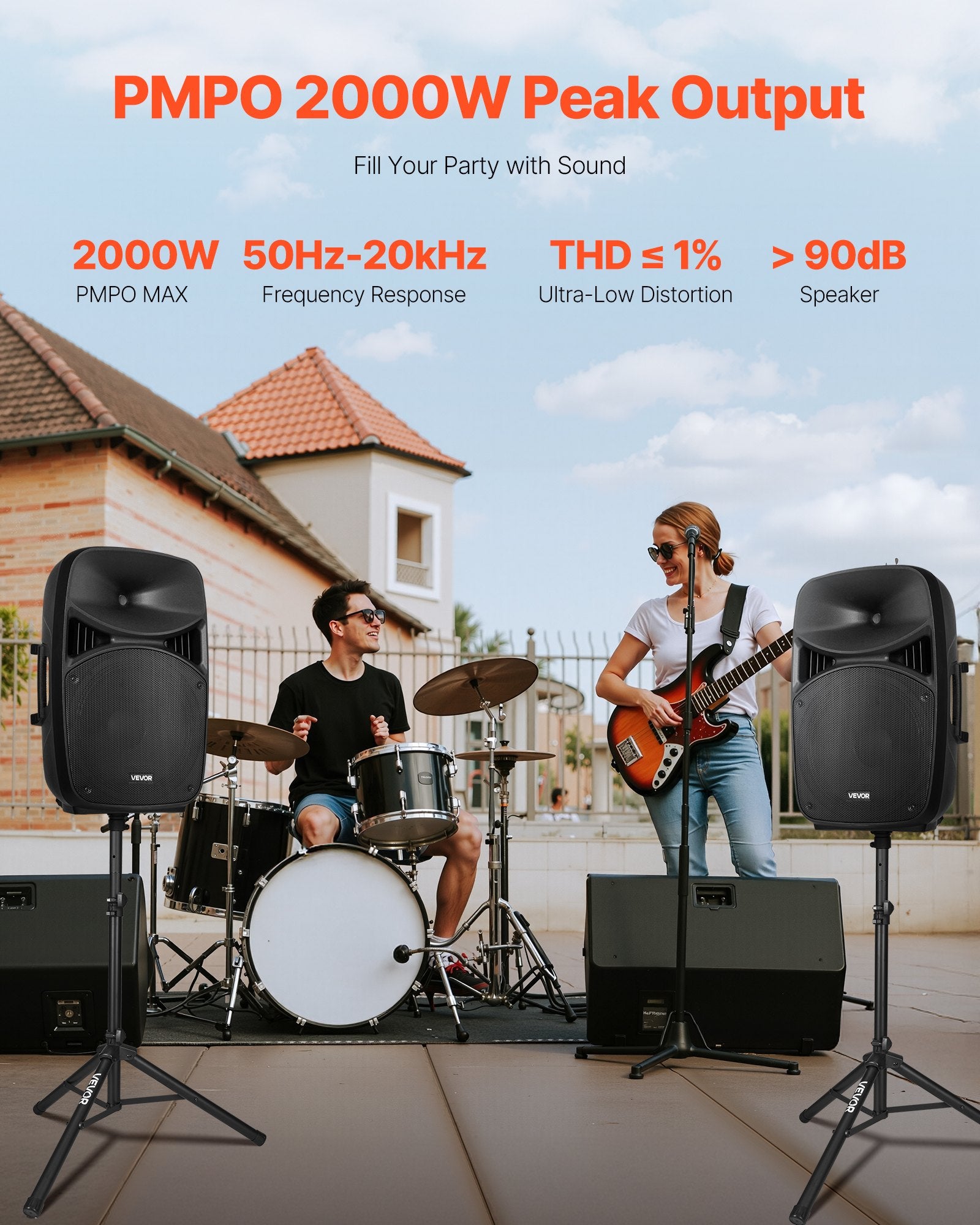 Système PA Portable 2000W – 2 Haut-parleurs 15 po, Mixeur 3 canaux & Bluetooth 5.0