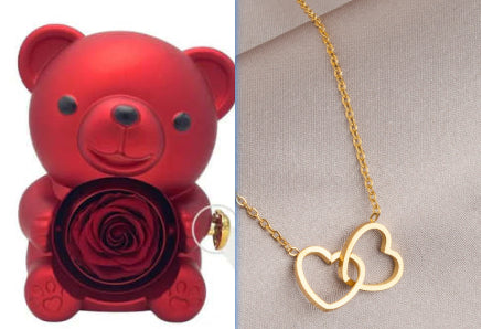 Coffret Cadeau Rose Éternelle – Ourson Tournant, Collier & Bijoux