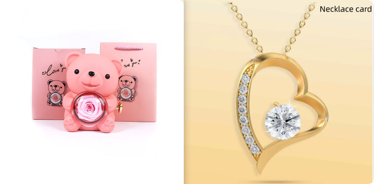 Coffret Cadeau Rose Éternelle – Ourson Tournant, Collier & Bijoux