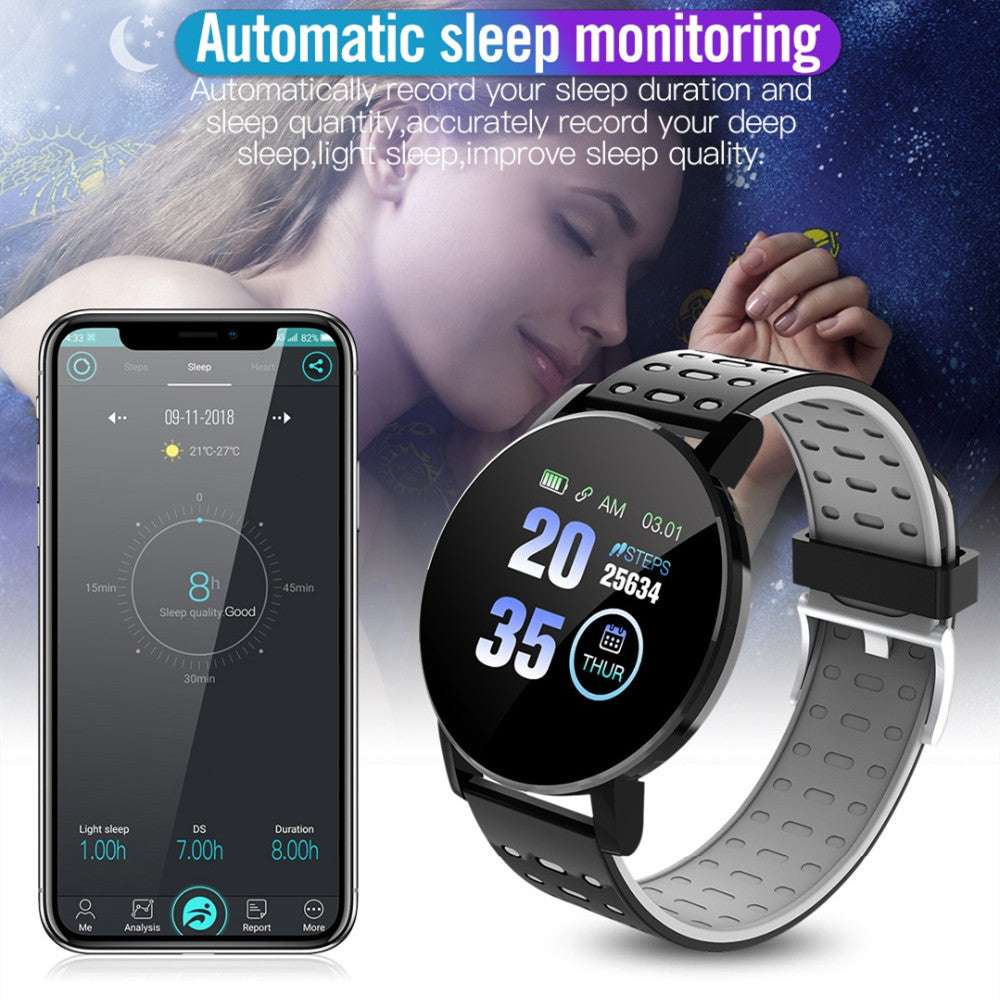 Montre Connectée 119 Plus avec écran LED 1,3 pouce, suivi fréquence cardiaque, autonomie 7 jours, Bluetooth et bracelet TPU confortable.