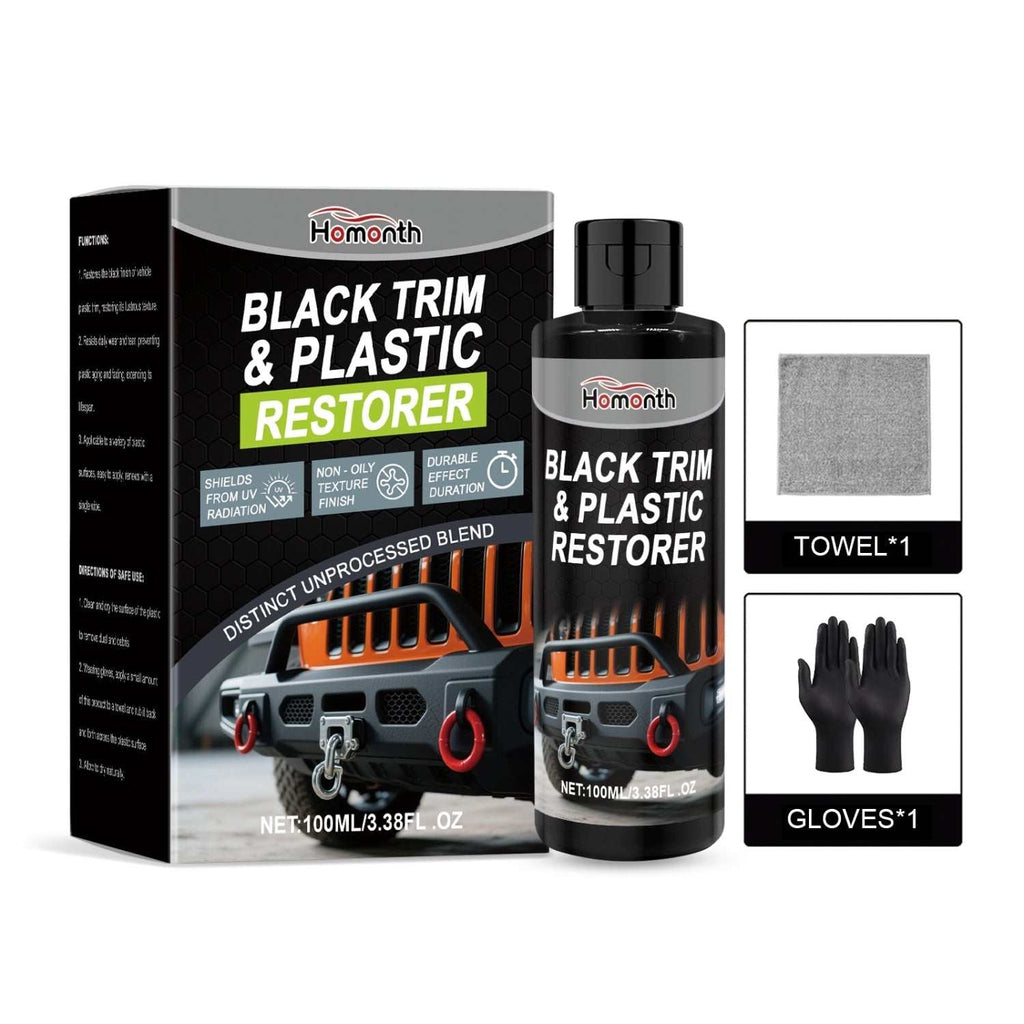 PRIMOVA Black Trim Plastic Restorer kit with bottle, microfiber towel, and gloves for automotive plastic and rubber restoration