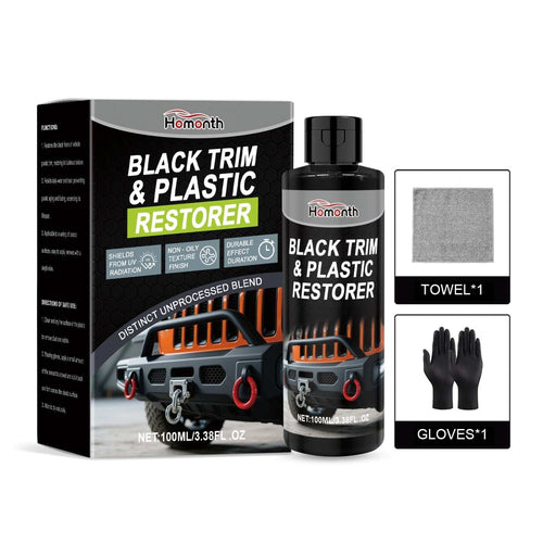 PRIMOVA Black Trim Plastic Restorer kit with bottle, microfiber towel, and gloves for automotive plastic and rubber restoration