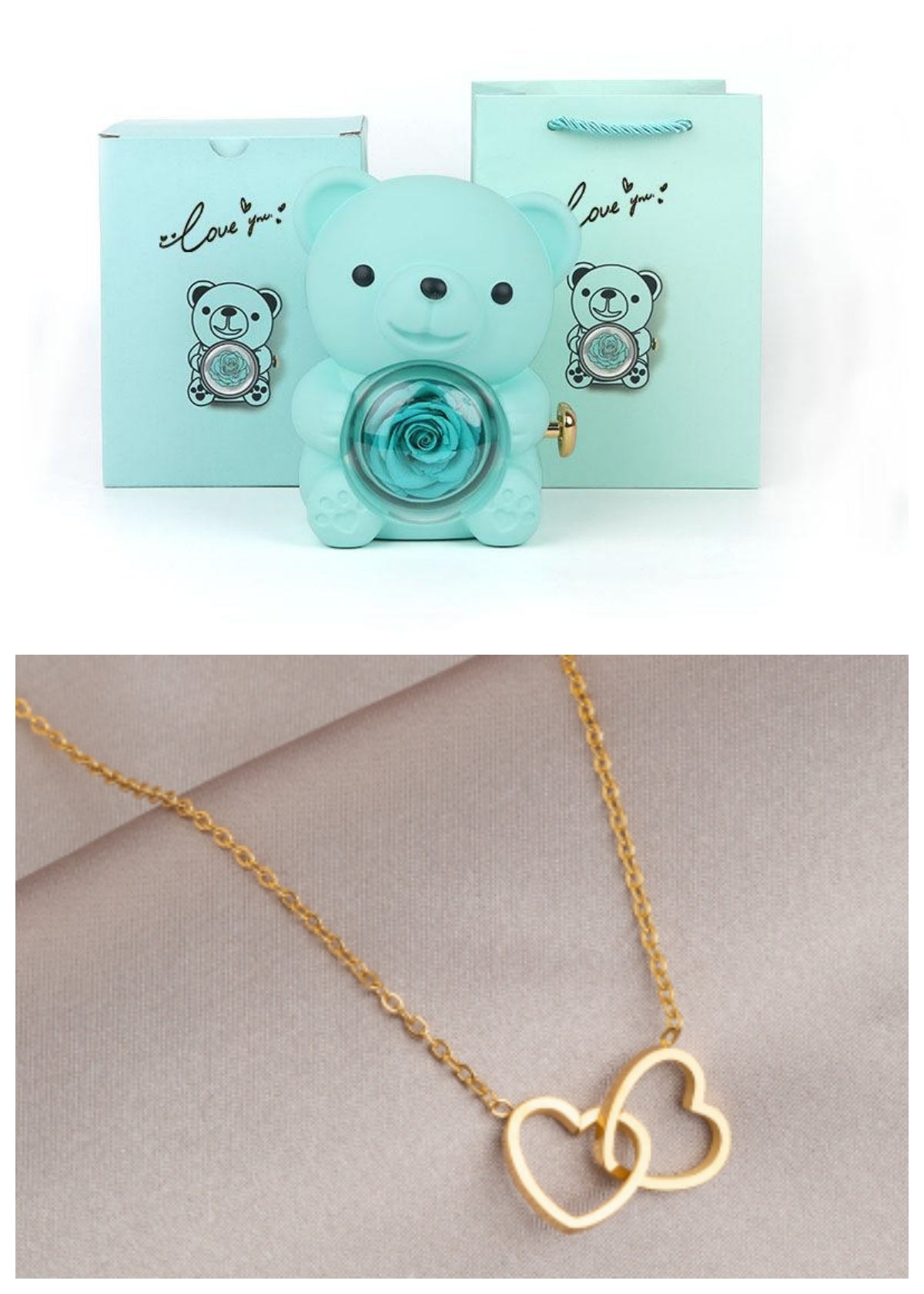 Coffret Cadeau Rose Éternelle – Ourson Tournant, Collier & Bijoux