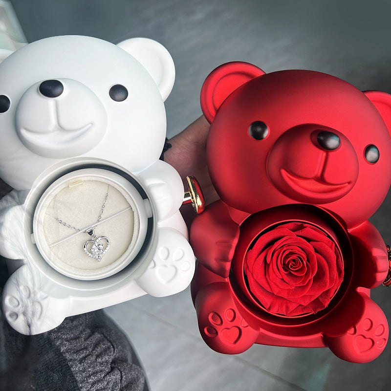 Coffret Cadeau Rose Éternelle – Ourson Tournant, Collier & Bijoux