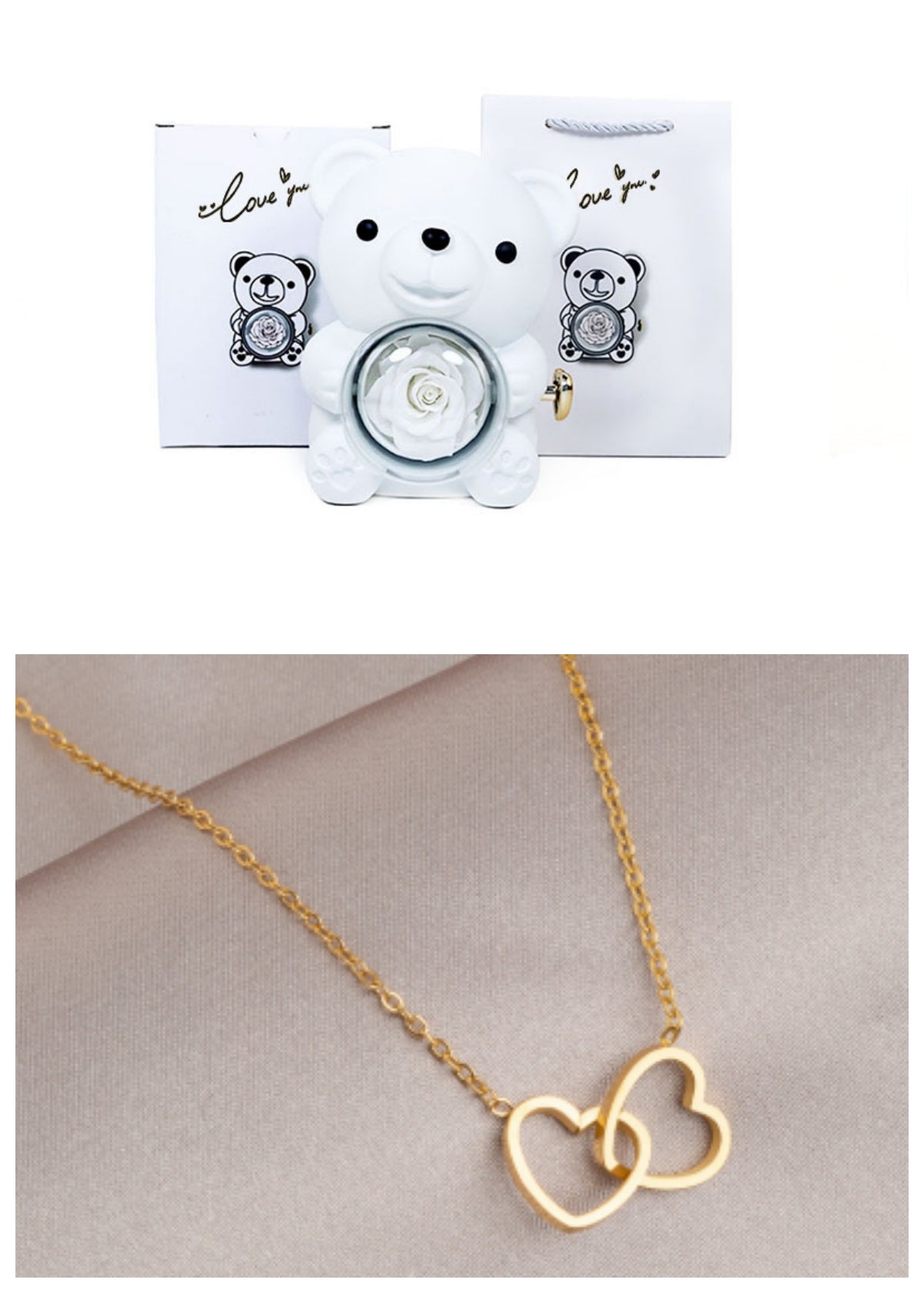 Coffret Cadeau Rose Éternelle – Ourson Tournant, Collier & Bijoux