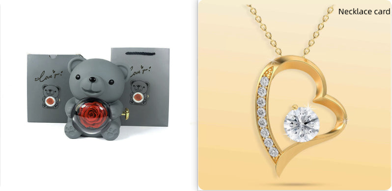 Coffret Cadeau Rose Éternelle – Ourson Tournant, Collier & Bijoux