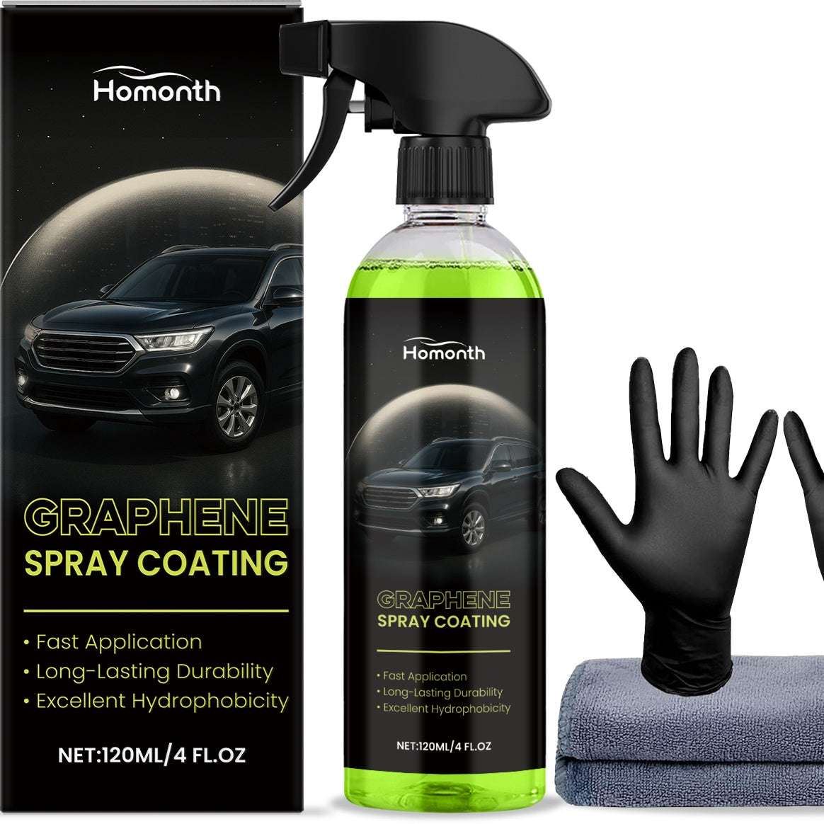 Bottle of graphene spray coating with gloves and towels on white background