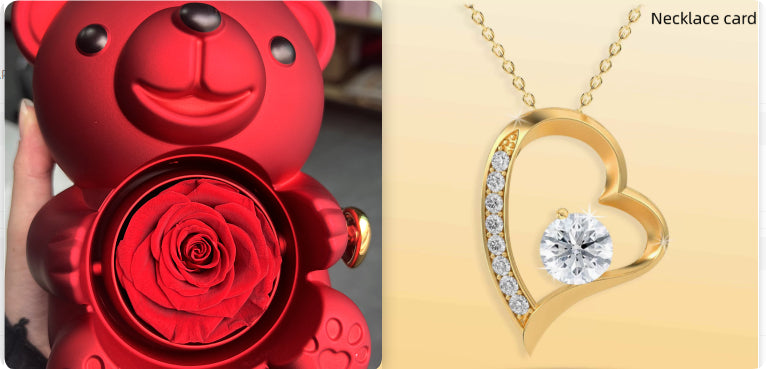 Coffret Cadeau Rose Éternelle – Ourson Tournant, Collier & Bijoux