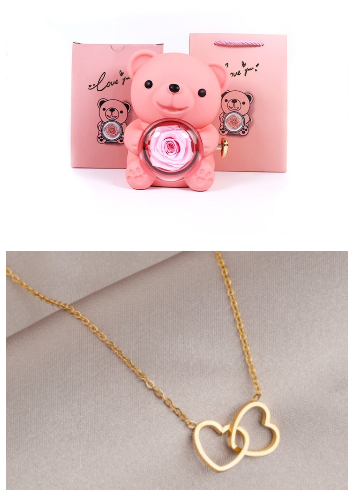 Coffret Cadeau Rose Éternelle – Ourson Tournant, Collier & Bijoux