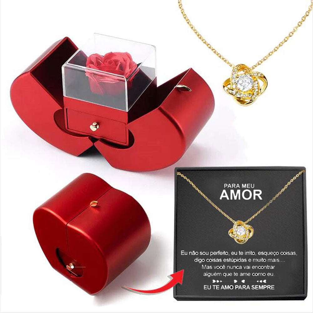 Collier éternel avec rose artificielle dans coffret cadeau romantique en forme de pomme