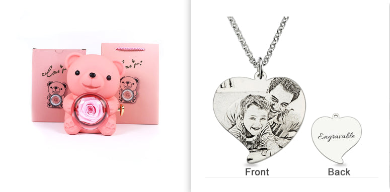 Coffret Cadeau Rose Éternelle – Ourson Tournant, Collier & Bijoux