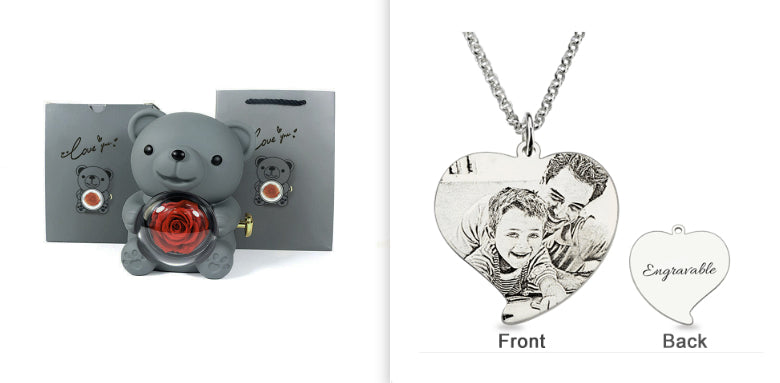 Coffret Cadeau Rose Éternelle – Ourson Tournant, Collier & Bijoux