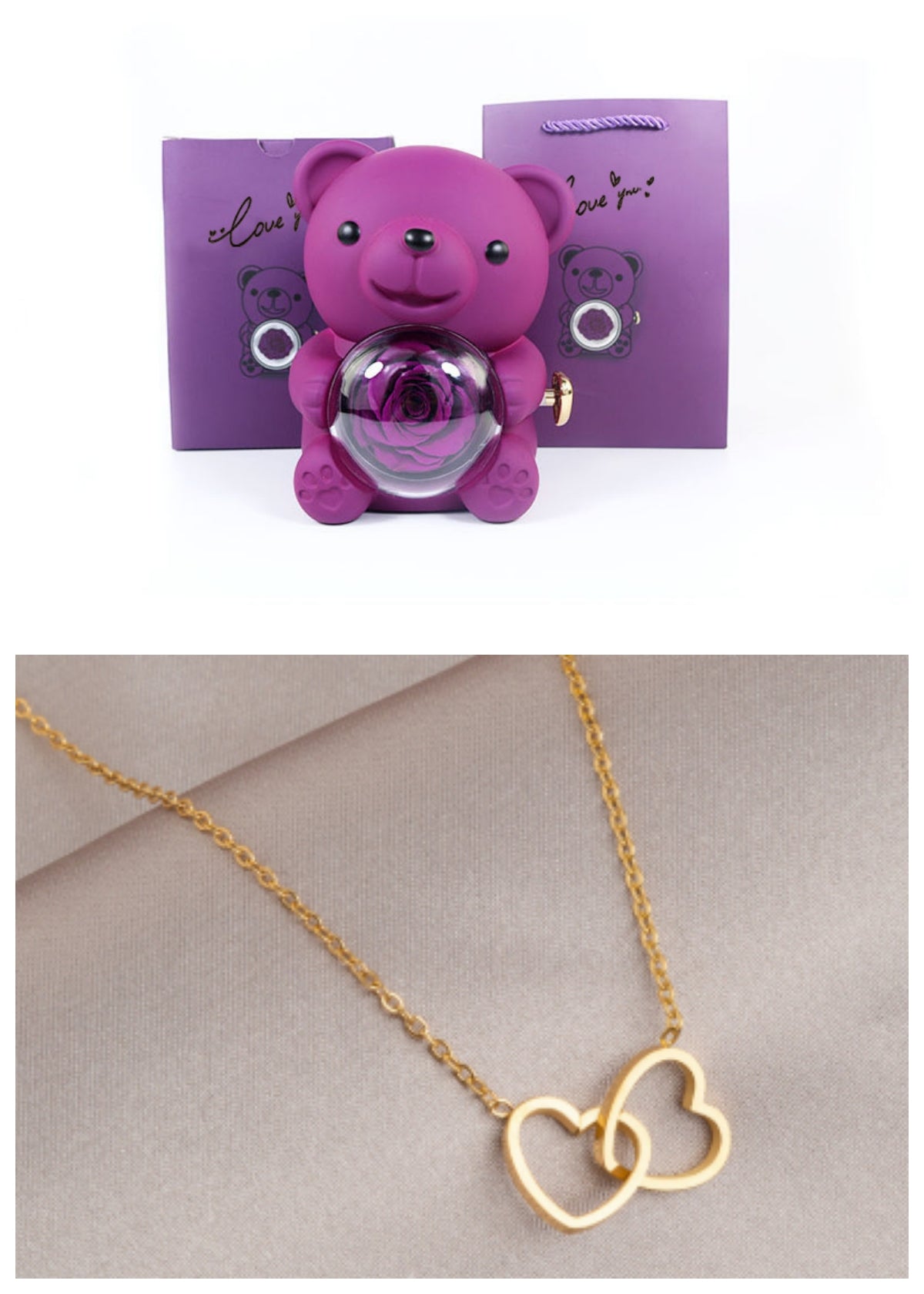 Coffret Cadeau Rose Éternelle – Ourson Tournant, Collier & Bijoux