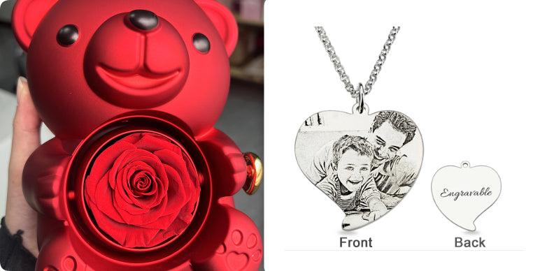 Coffret Cadeau Rose Éternelle – Ourson Tournant, Collier & Bijoux