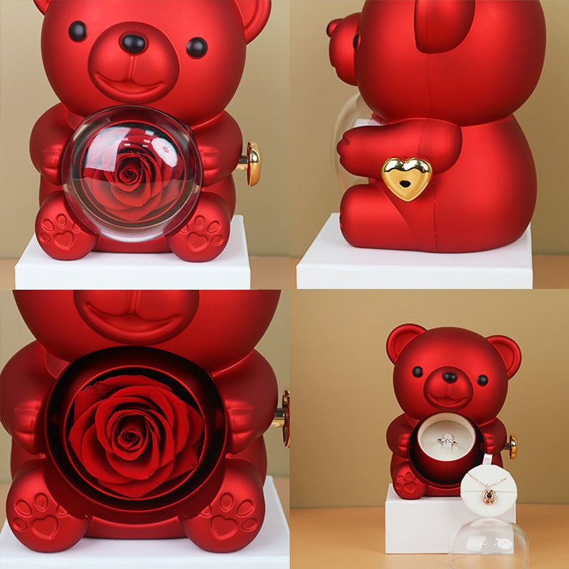 Coffret Cadeau Rose Éternelle – Ourson Tournant, Collier & Bijoux