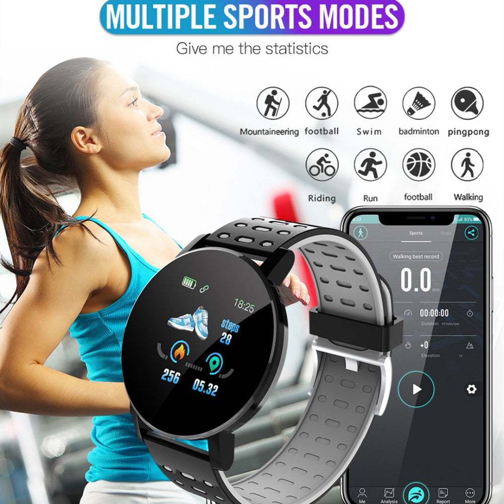 Montre Connectée 119 Plus avec suivi santé, écran LED 1,3 po, batterie 7 jours, Bluetooth et bracelet TPU confortable