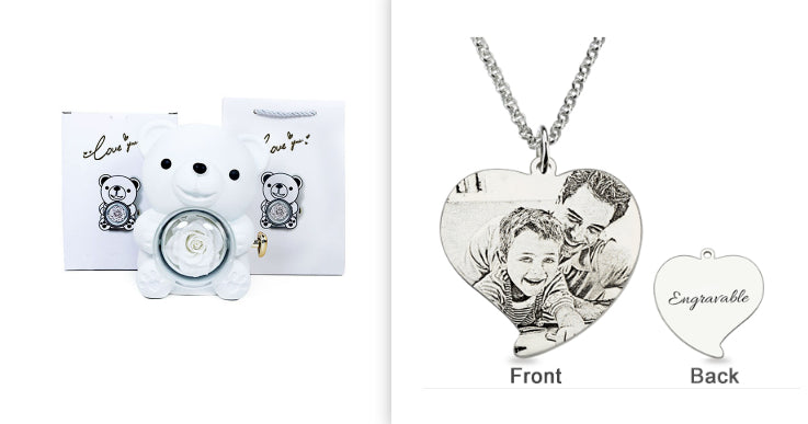 Coffret Cadeau Rose Éternelle – Ourson Tournant, Collier & Bijoux
