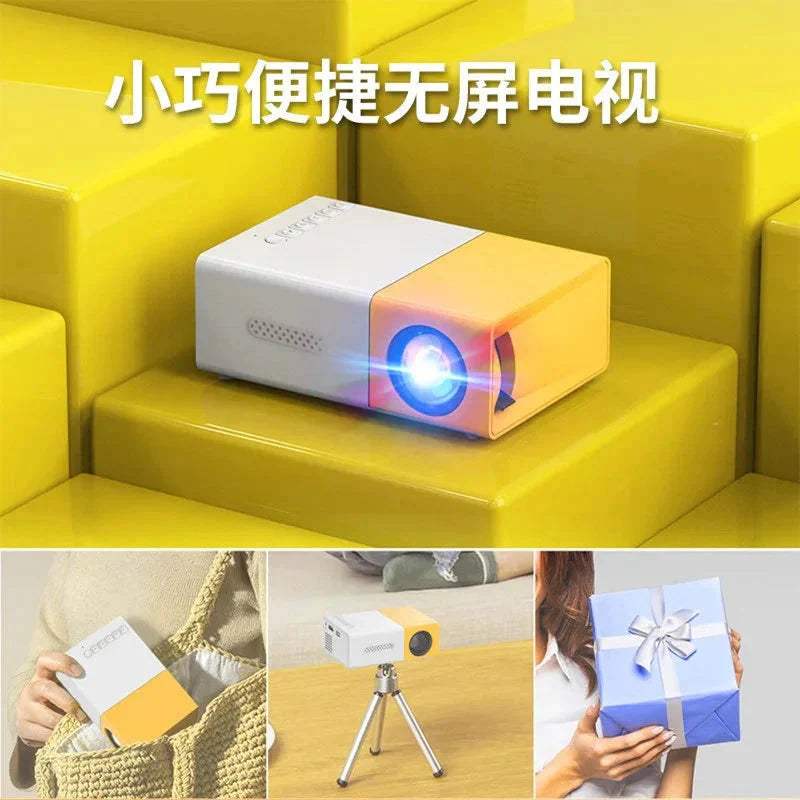 Mini Projecteur Portable YG300 Pro affichant une image Full HD 1080P lumineuse sur mur blanc