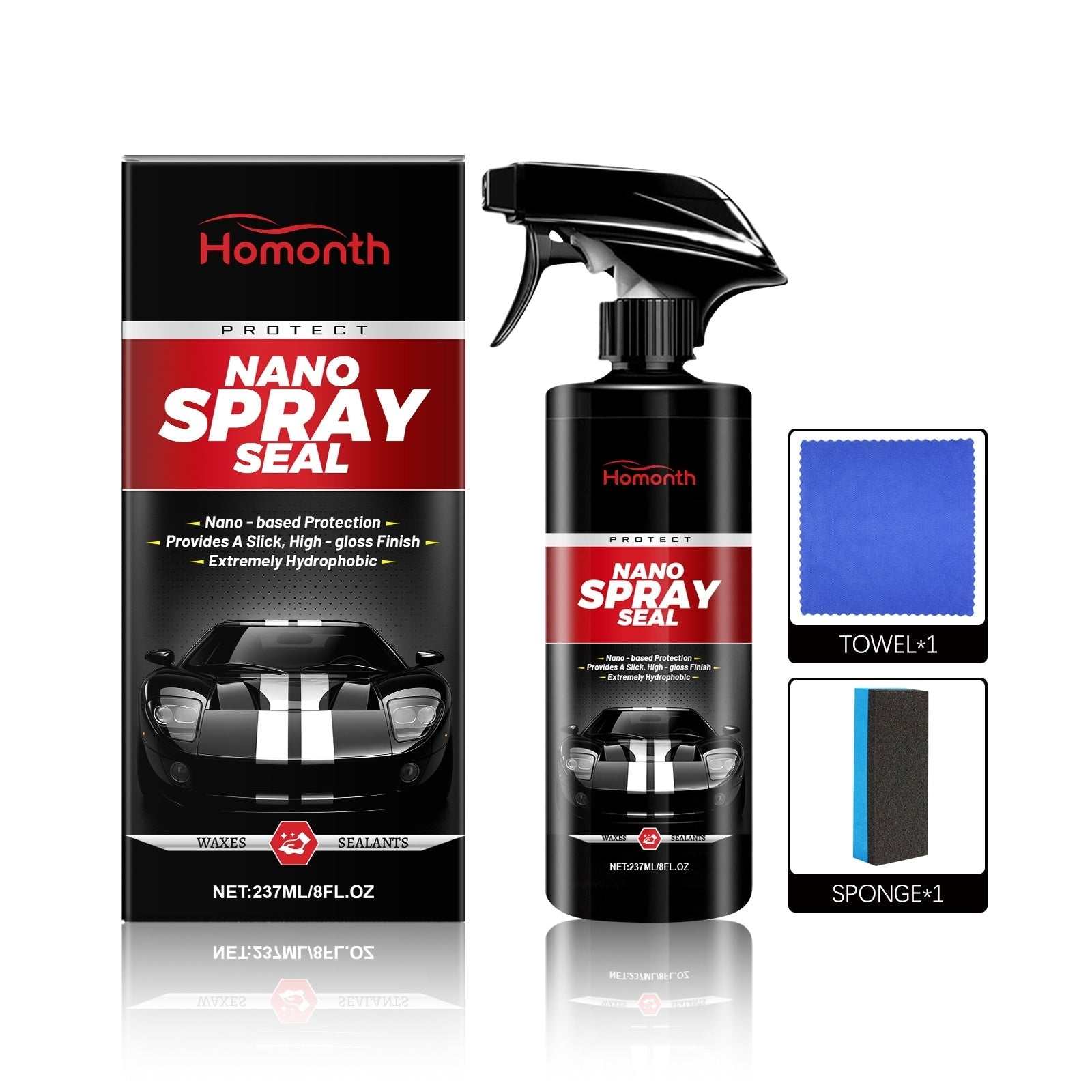 Automobile nano spray kit with 237ml bottle, towel, and sponge on white background
