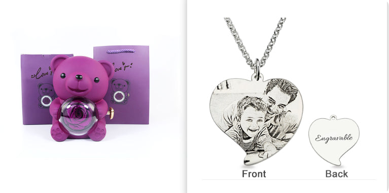 Coffret Cadeau Rose Éternelle – Ourson Tournant, Collier & Bijoux