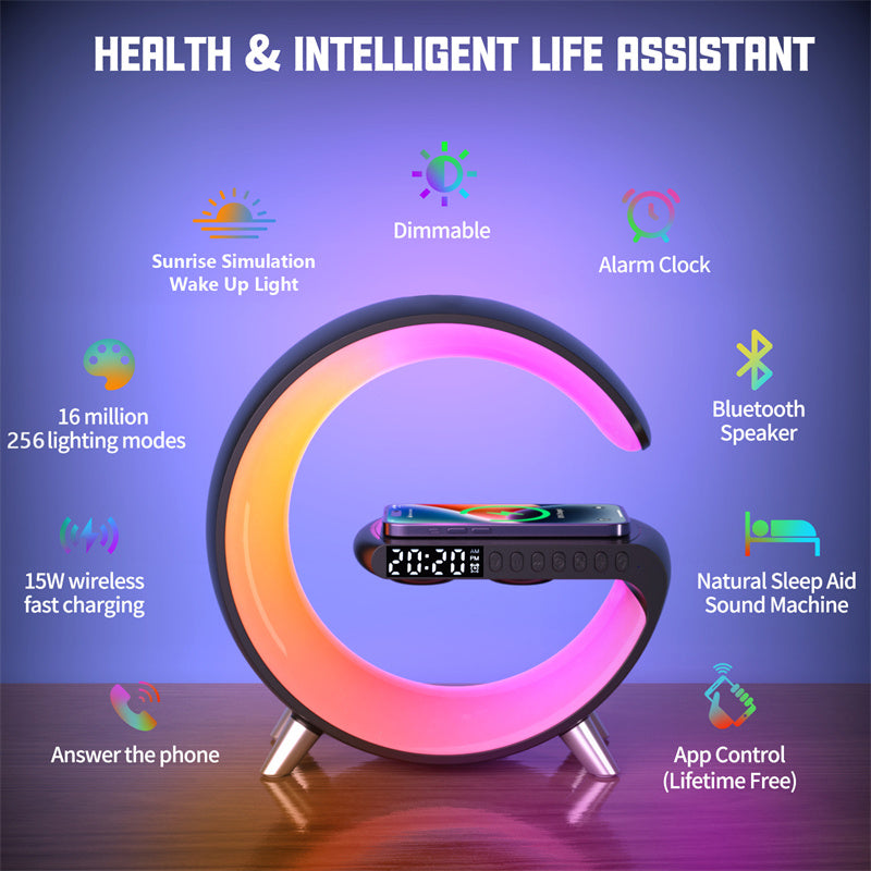 Lampe LED G Intelligente – Enceinte Bluetooth & Chargeur Sans Fil 15W