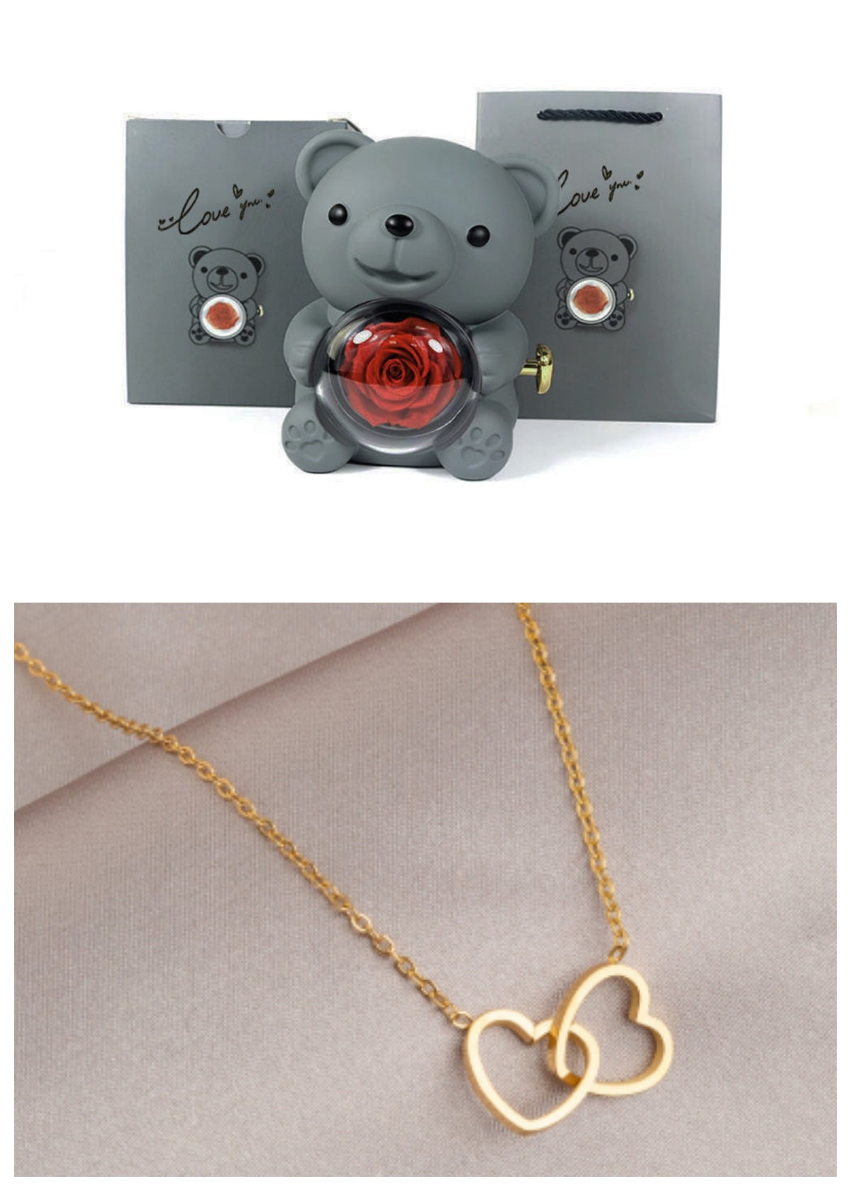 Coffret Cadeau Rose Éternelle – Ourson Tournant, Collier & Bijoux