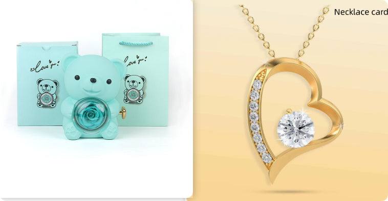 Coffret cadeau Rose Éternelle avec ourson tournant, rose éternelle et collier délicat élégant dans boîte luxueuse