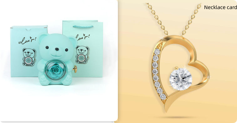 Coffret Cadeau Rose Éternelle – Ourson Tournant, Collier & Bijoux