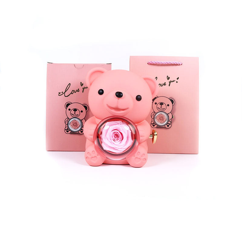 Coffret Cadeau Rose Éternelle – Ourson Tournant, Collier & Bijoux