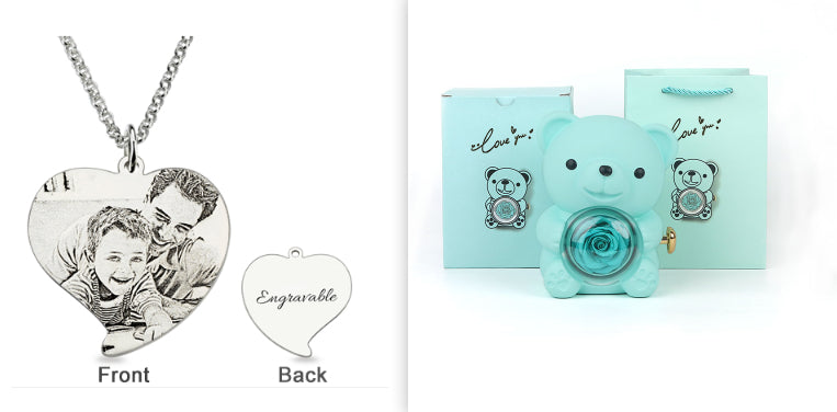 Coffret Cadeau Rose Éternelle – Ourson Tournant, Collier & Bijoux