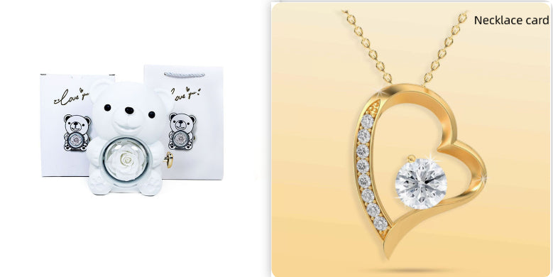 Coffret Cadeau Rose Éternelle – Ourson Tournant, Collier & Bijoux