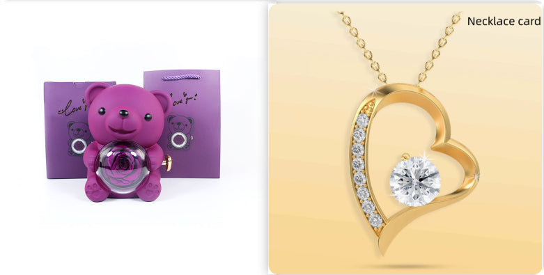Coffret Cadeau Rose Éternelle – Ourson Tournant, Collier & Bijoux