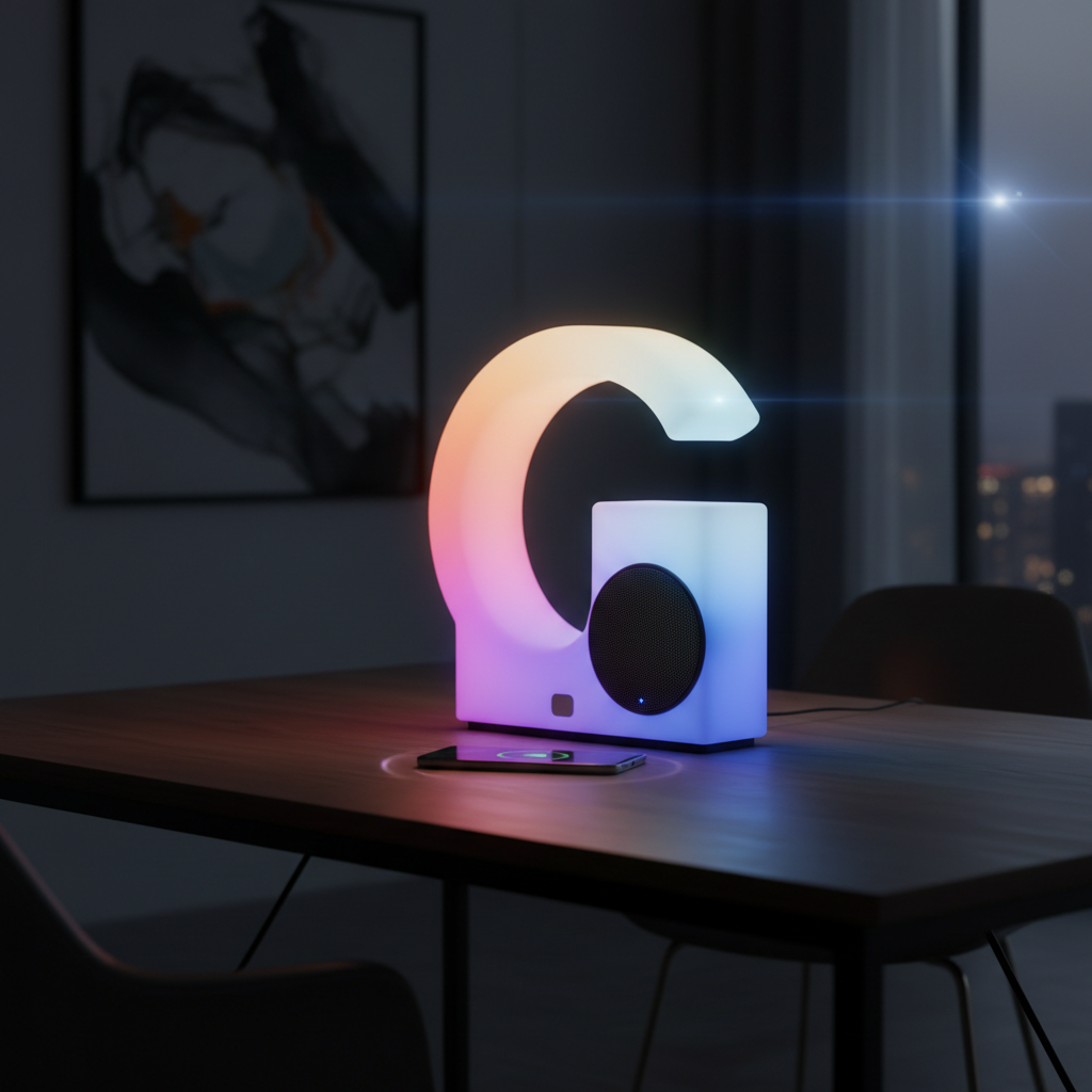 Lampe LED G Intelligente smart lamp with Bluetooth speaker and 15W wireless charger on pink background